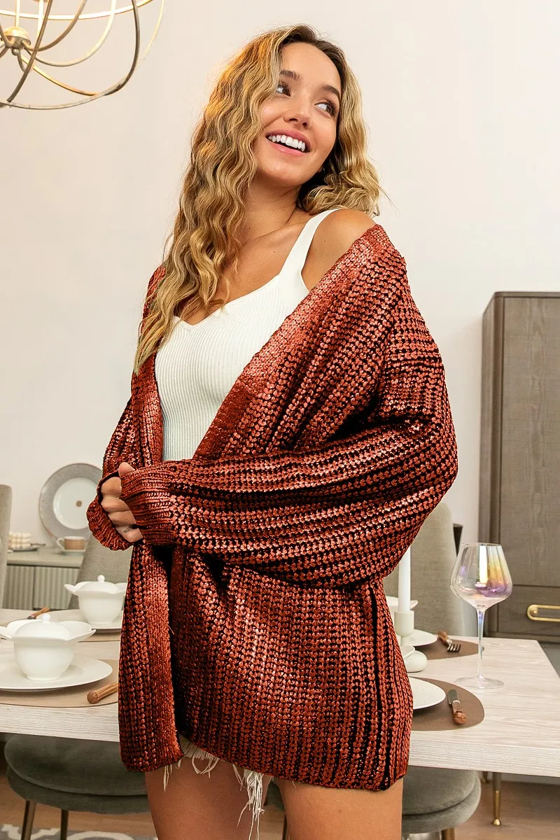 Metallic Knit V-neck Open Sweater Cardigan, image 7