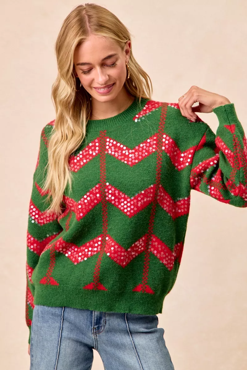 Christmas Theme Chevron Sequins Detail Sweater, image 5