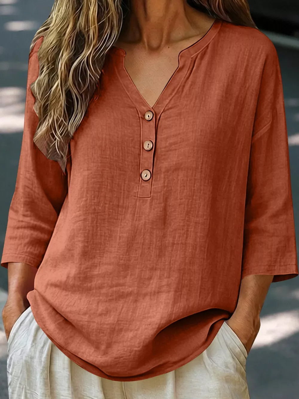Full Size Button Detail Notched 3/4 Sleeve Blouse Plus Size, image 10