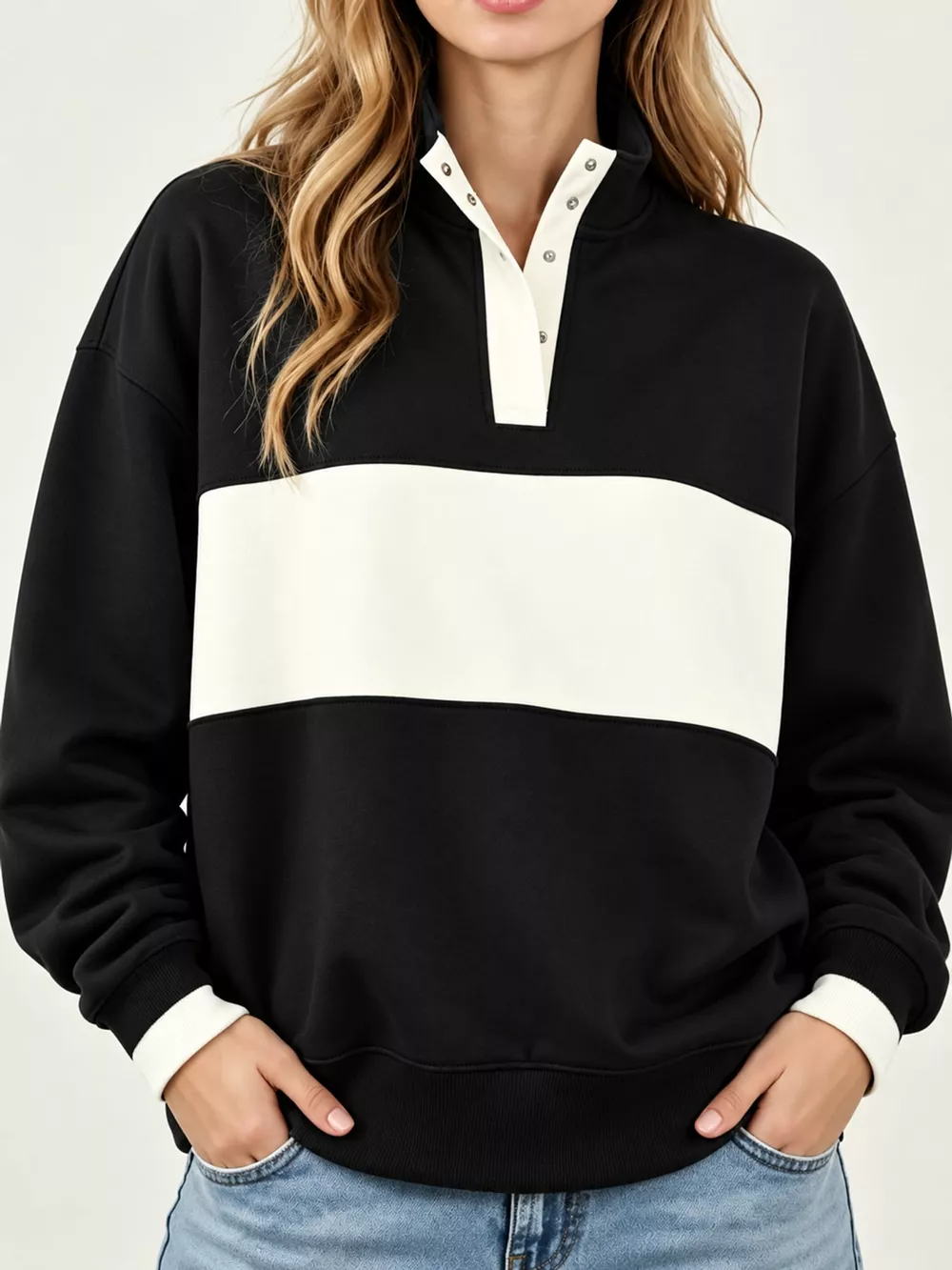 Full Size Color Block Snap-Button Sweatshirt Plus Size, image 36