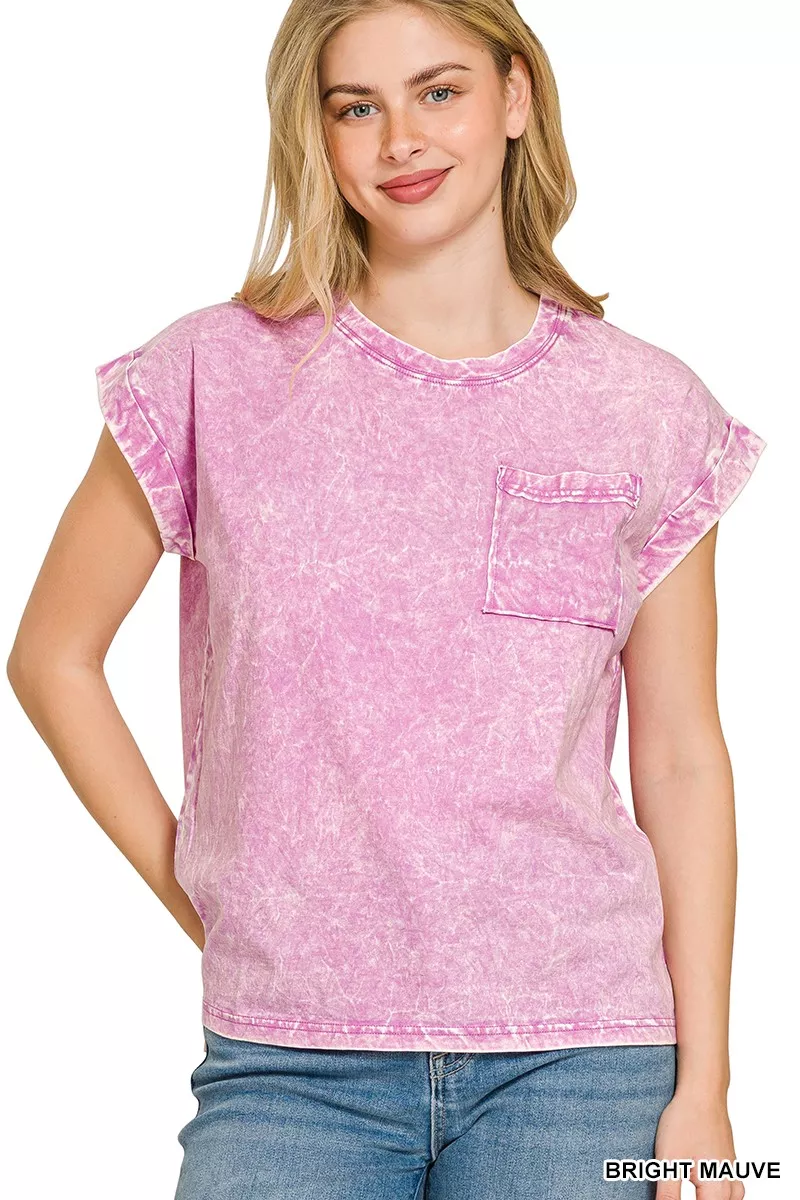 Full Size Crinkle Washed Round Neck Folded Short Sleeve Tee Plus Size