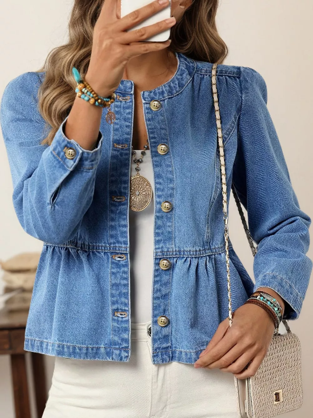 Button Up Peplum Denim Shirt, image 2