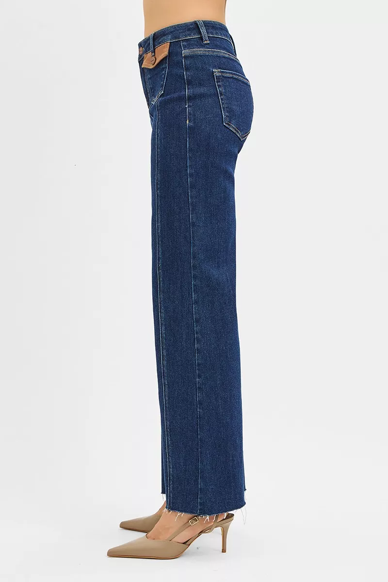 High Rise Wide Flare Jeans with Front Leather Pocket Detail, image 4