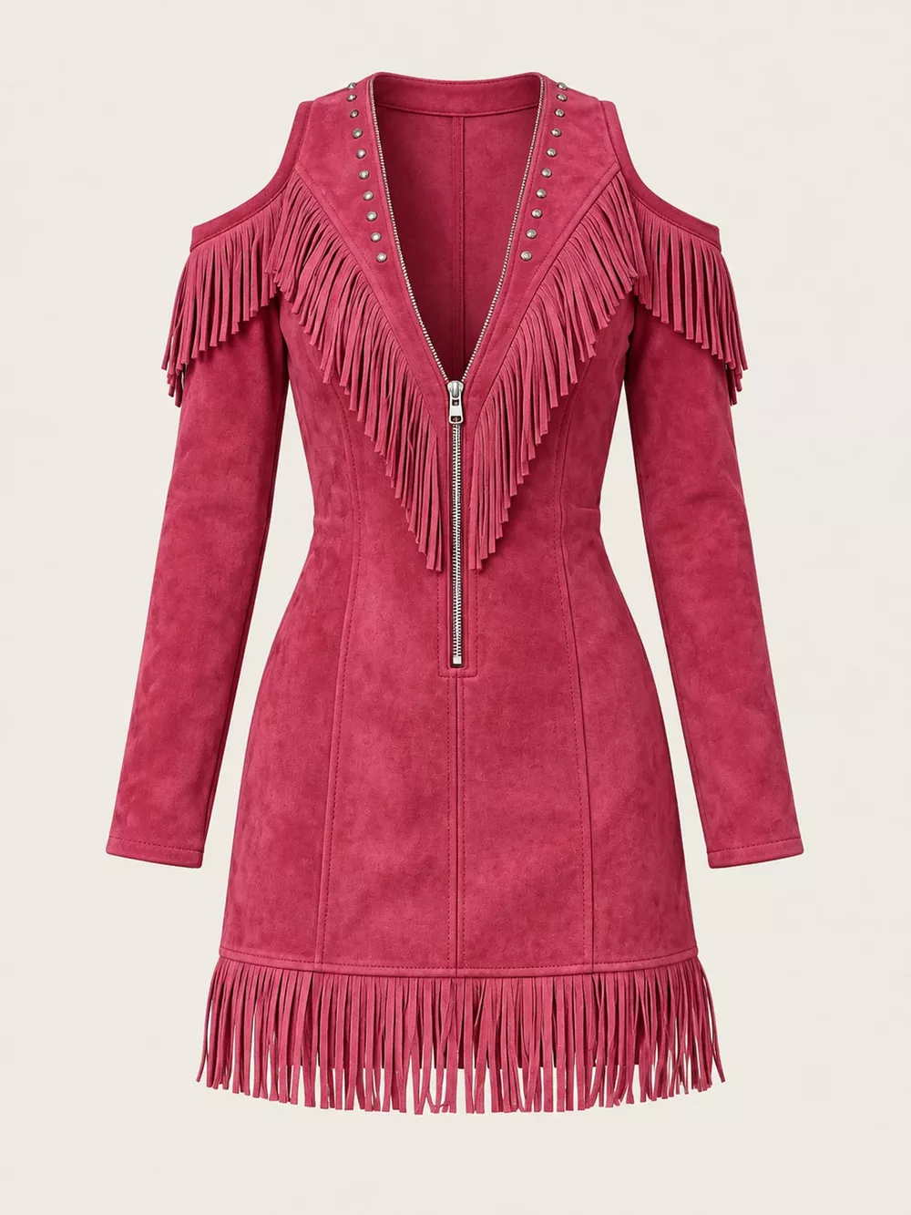 Full Size Fringed Cold-Shoulder Zip-Front Mini Dress Plus Size, image 14