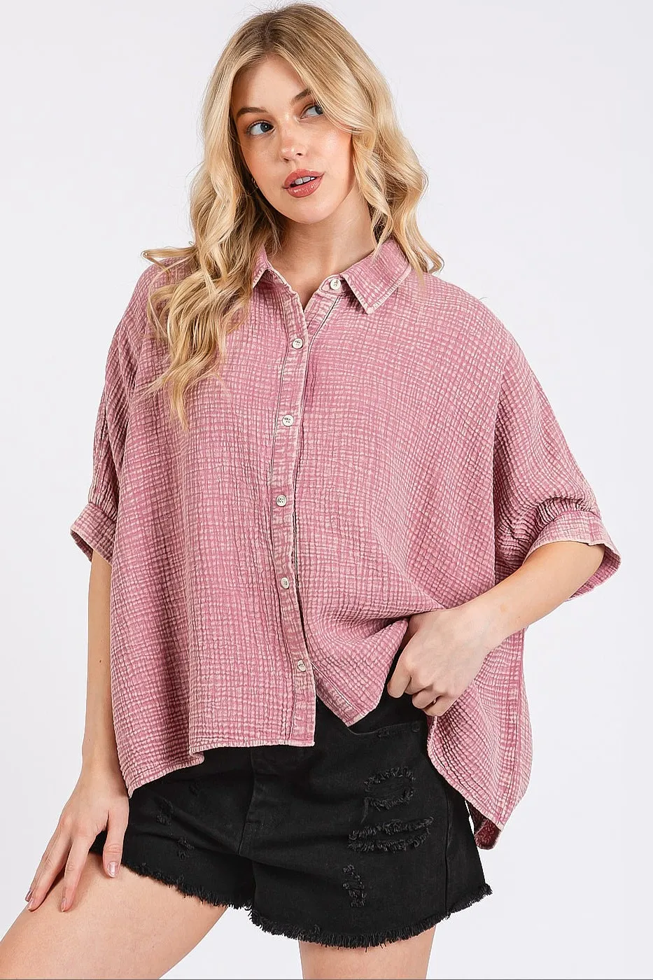 Mineral Wash Gauze Dolman Sleeve Button Down Shirt, image 4