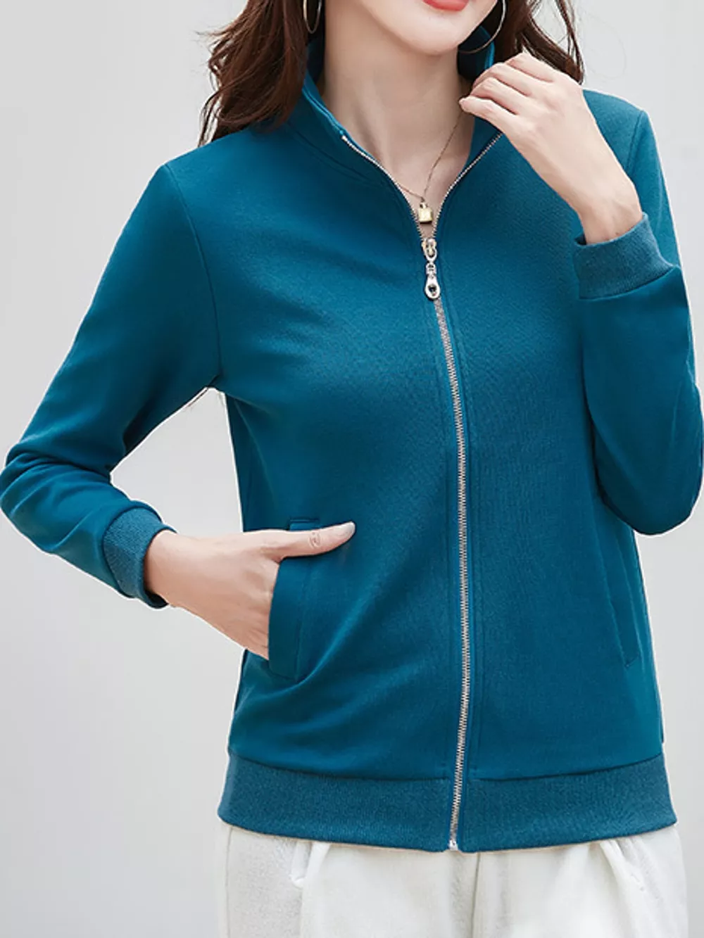 Full Size Stand-Collar Zip-Up Sweatshirt Plus Size, image 30