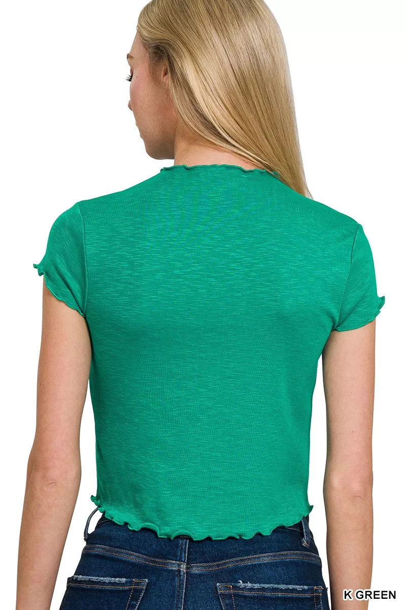 Cotton Modal Slub Lettuce Trimmed Cropped T-Shirt, image 2