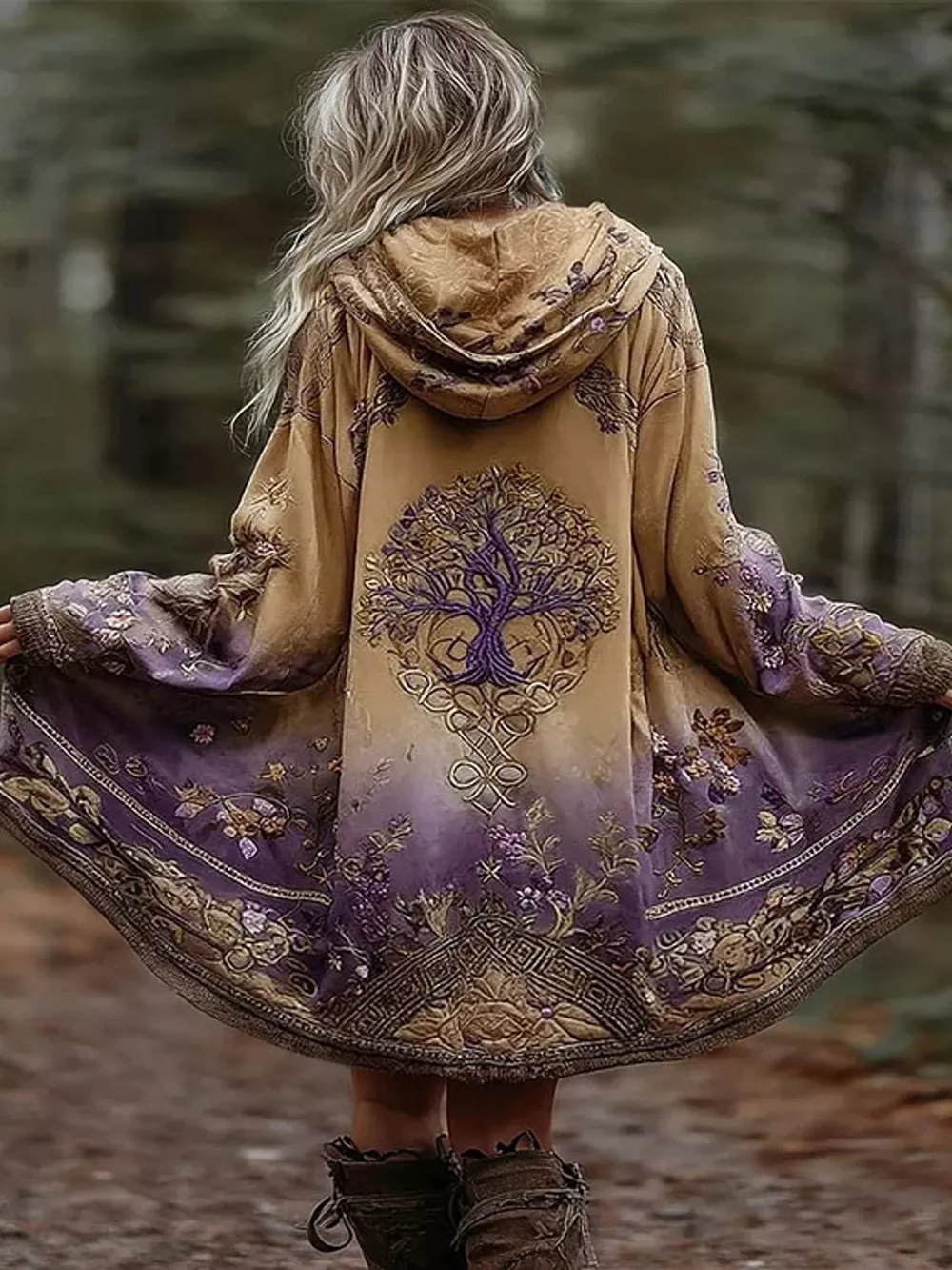 Full Size Tree Graphic Back Hooded Outerwear Plus Size, image 3