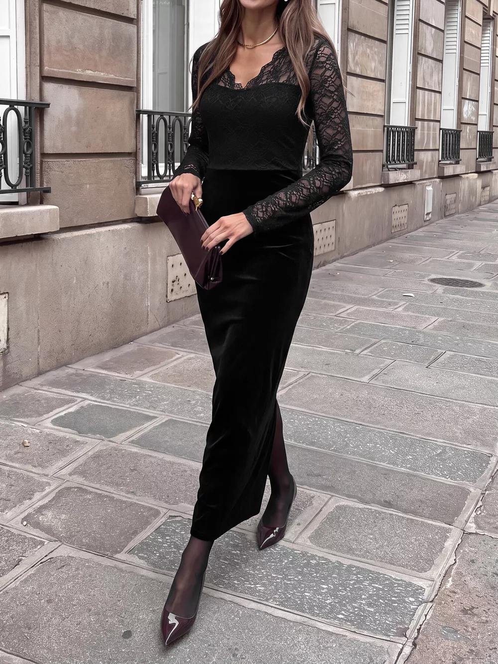 Elegant Lace and Velvet Midi Dress, image 4