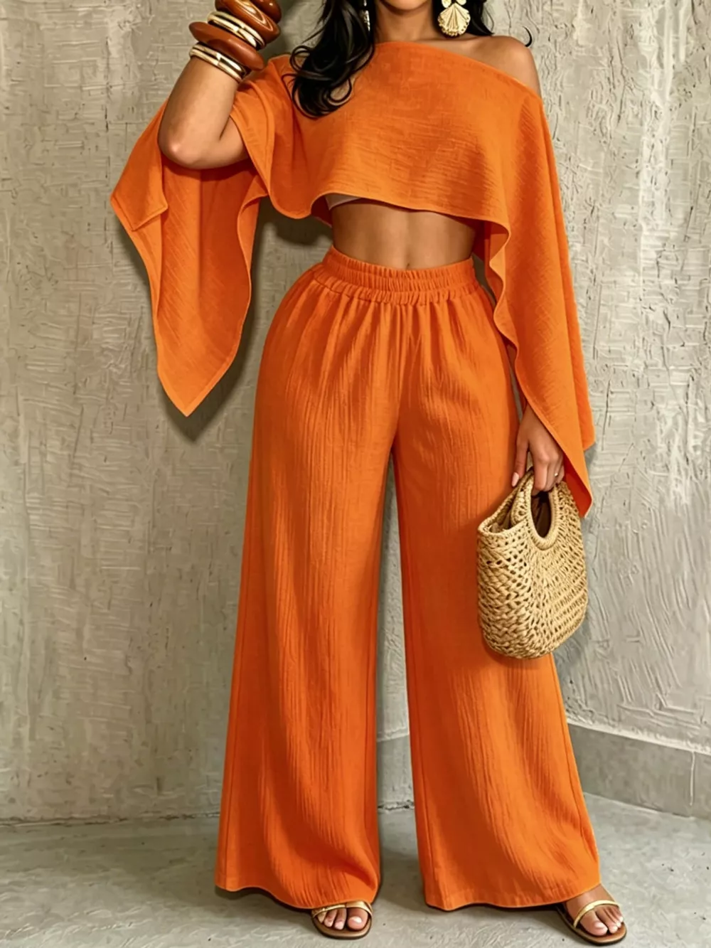 Boat Neck Crop Top and Wide-Leg Pants Set