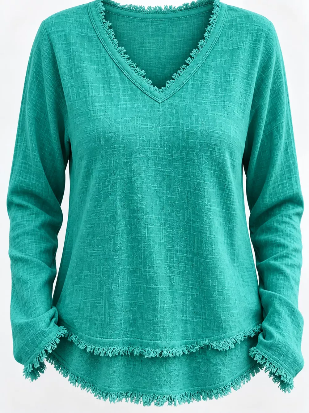Full Size Frayed Hem V-Neck Long Sleeve Blouse Plus Size, image 45