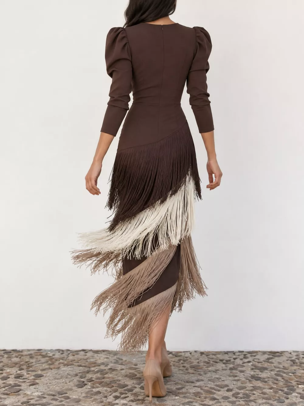 Fringed V-Neck Puff Sleeve Maxi Dress, image 19