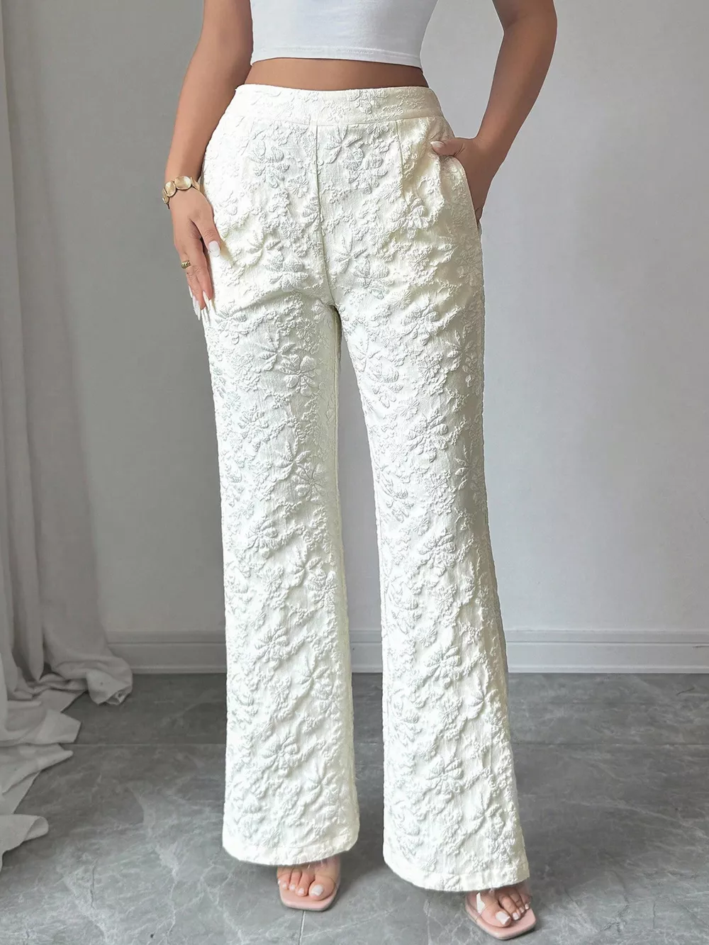 Floral Textured Wide-Leg Pants, image 2