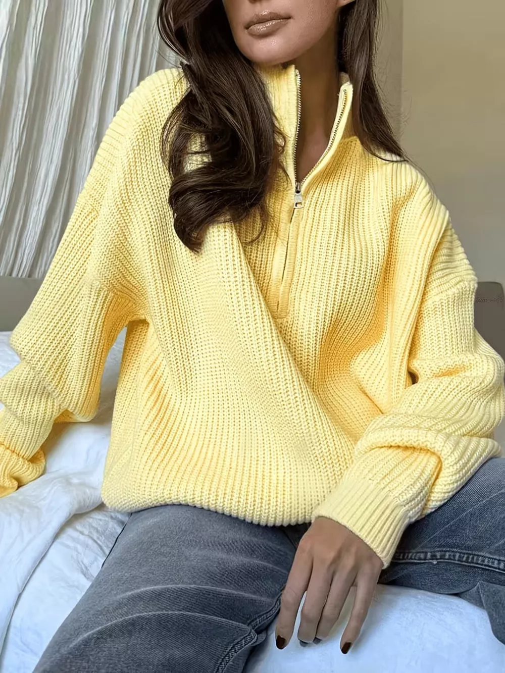 Full Size Half Zip Dropped Shoulder Sweater Plus Size, image 2