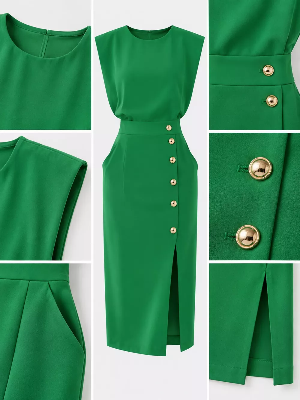 Sleeveless Midi Dress with Gold Button Detail and Side Slit, image 20