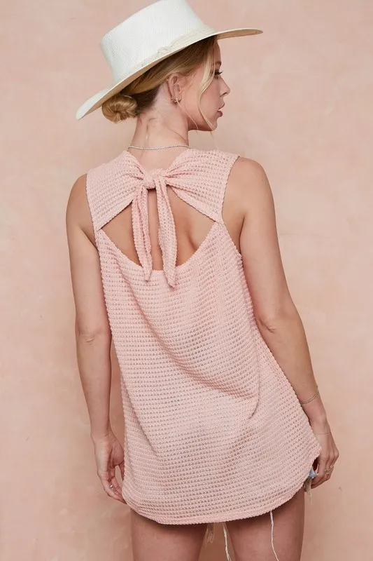 Popcorn Waffle Open Back Top with Tied Ribbon, image 3