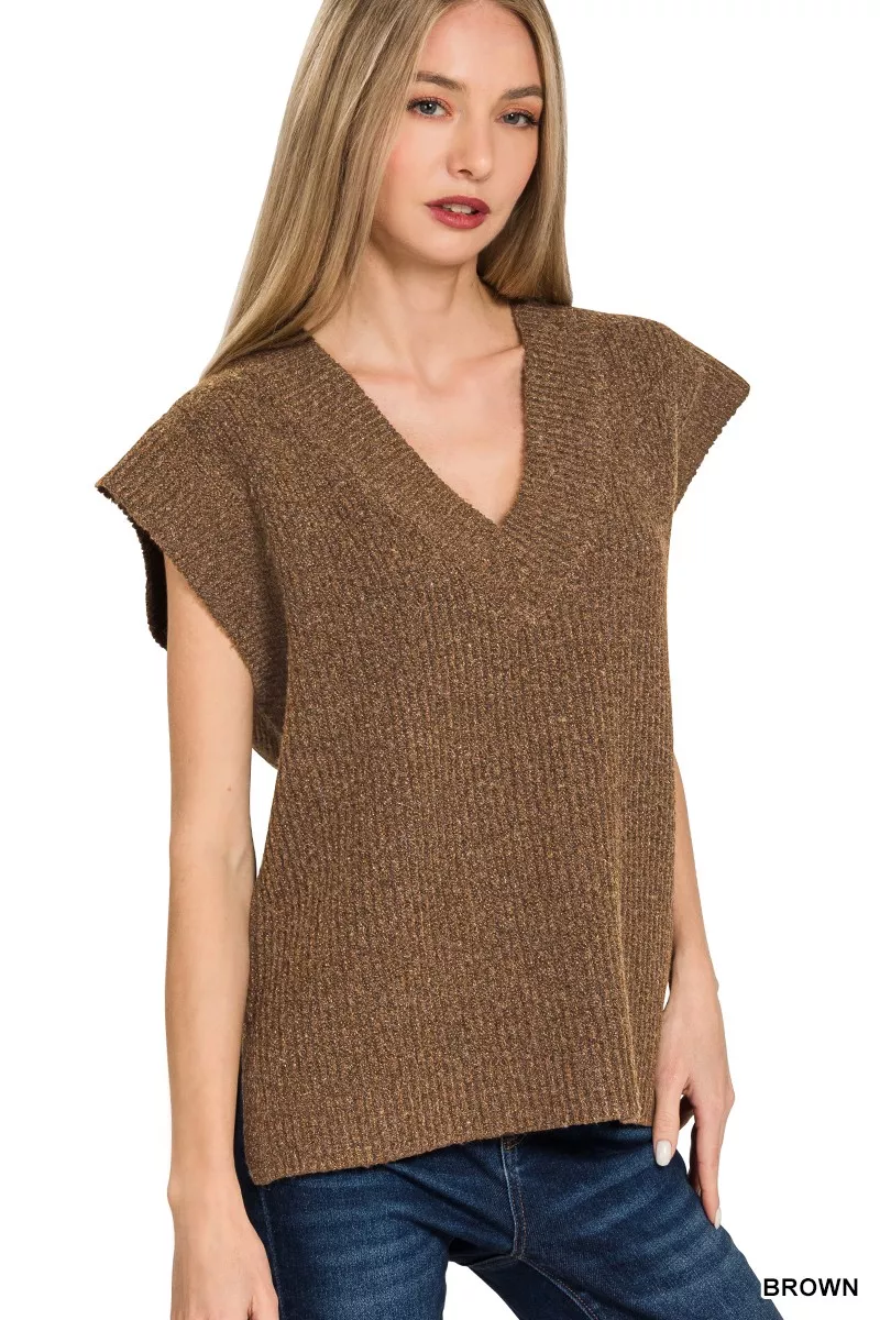 Ribbed Slit V-Neck Sweater Vest