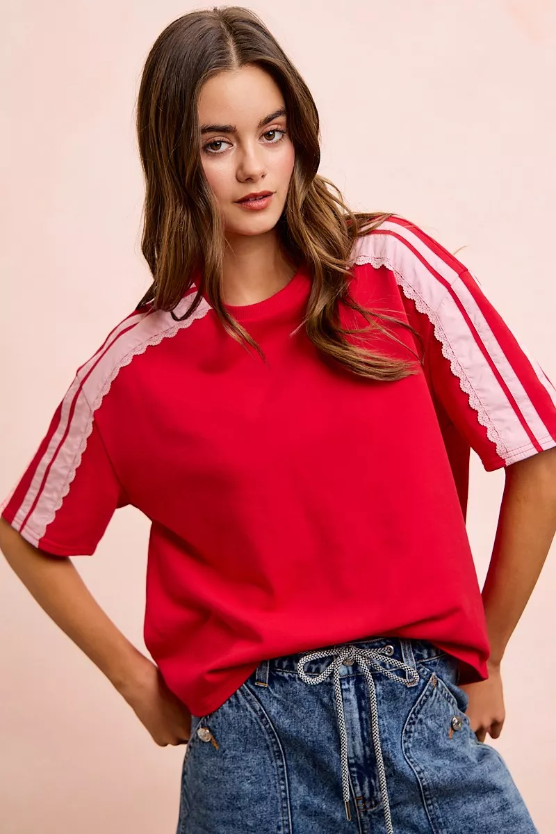 BiBi French Terry Side Lace Detail Short Sleeves Top, image 10