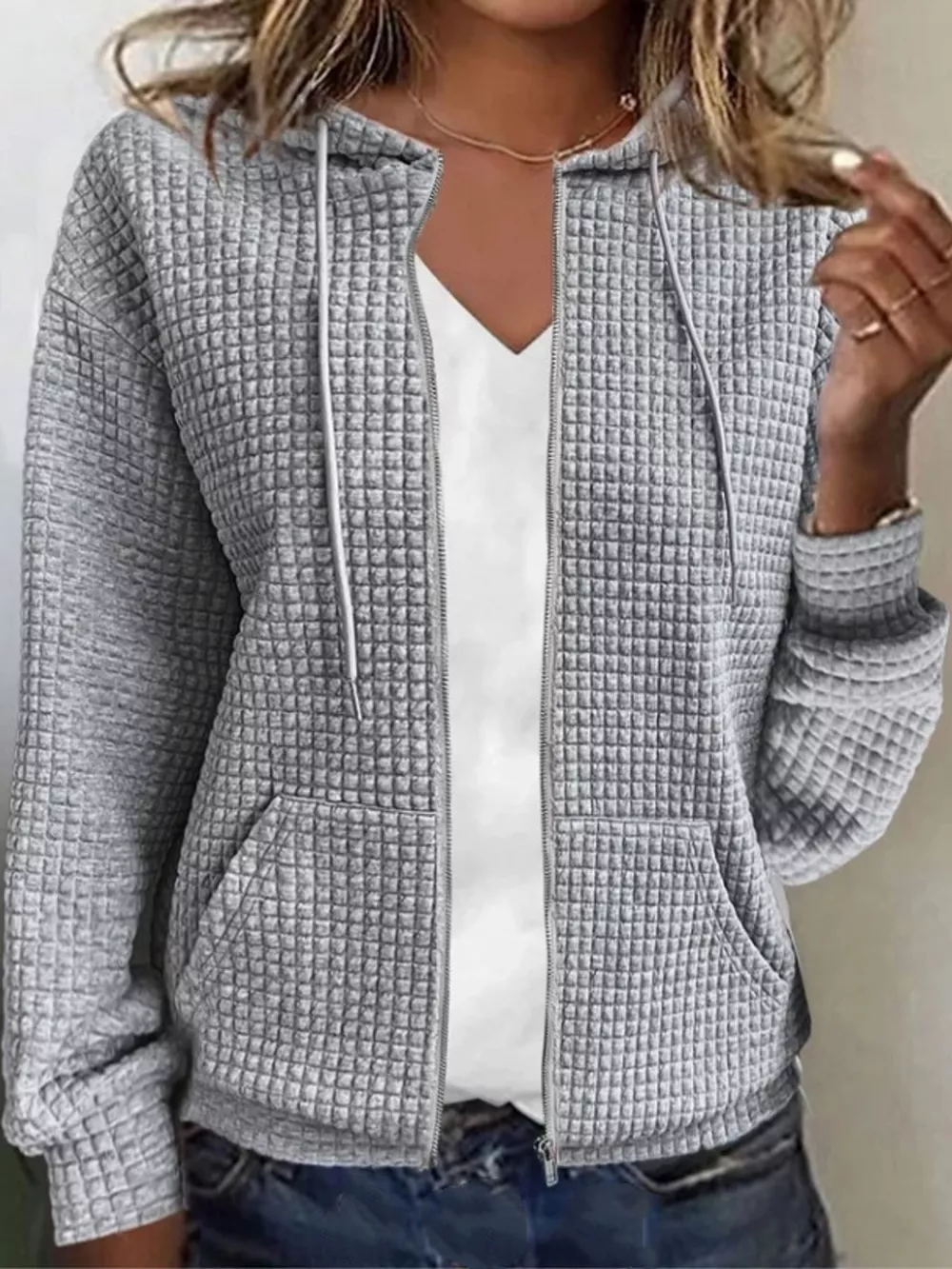 Waffle Knit Zip-Up Hoodie with Drawstring and Pockets, image 10