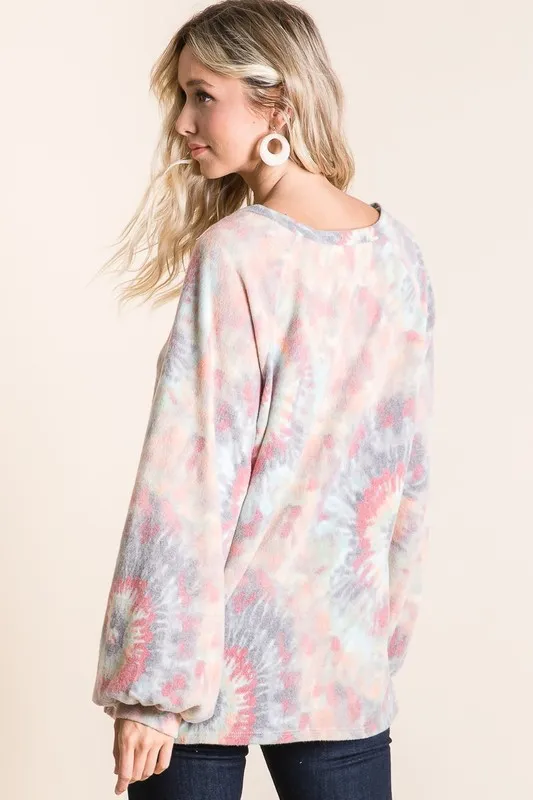 Brushed Tie Dye Print Top with Puff Sleeves, image 8