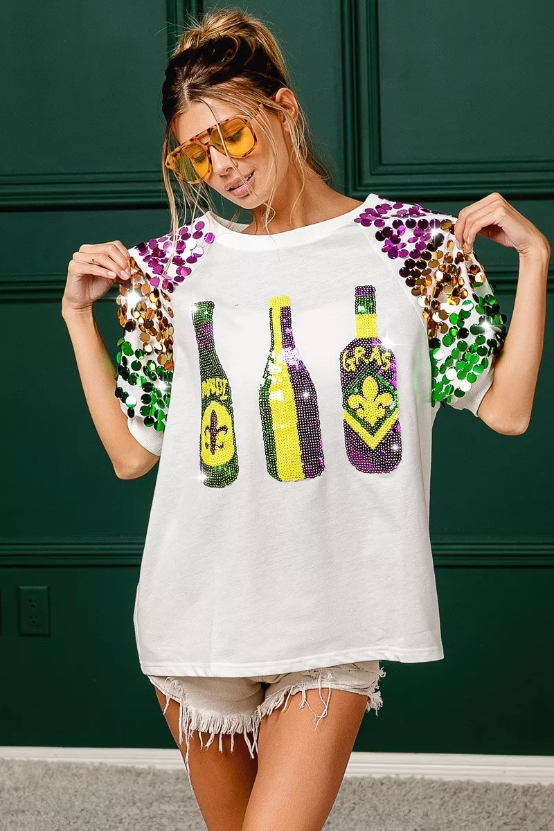 Sequin Mardi Gras Bottles Spangled Sleeve Top, image 9