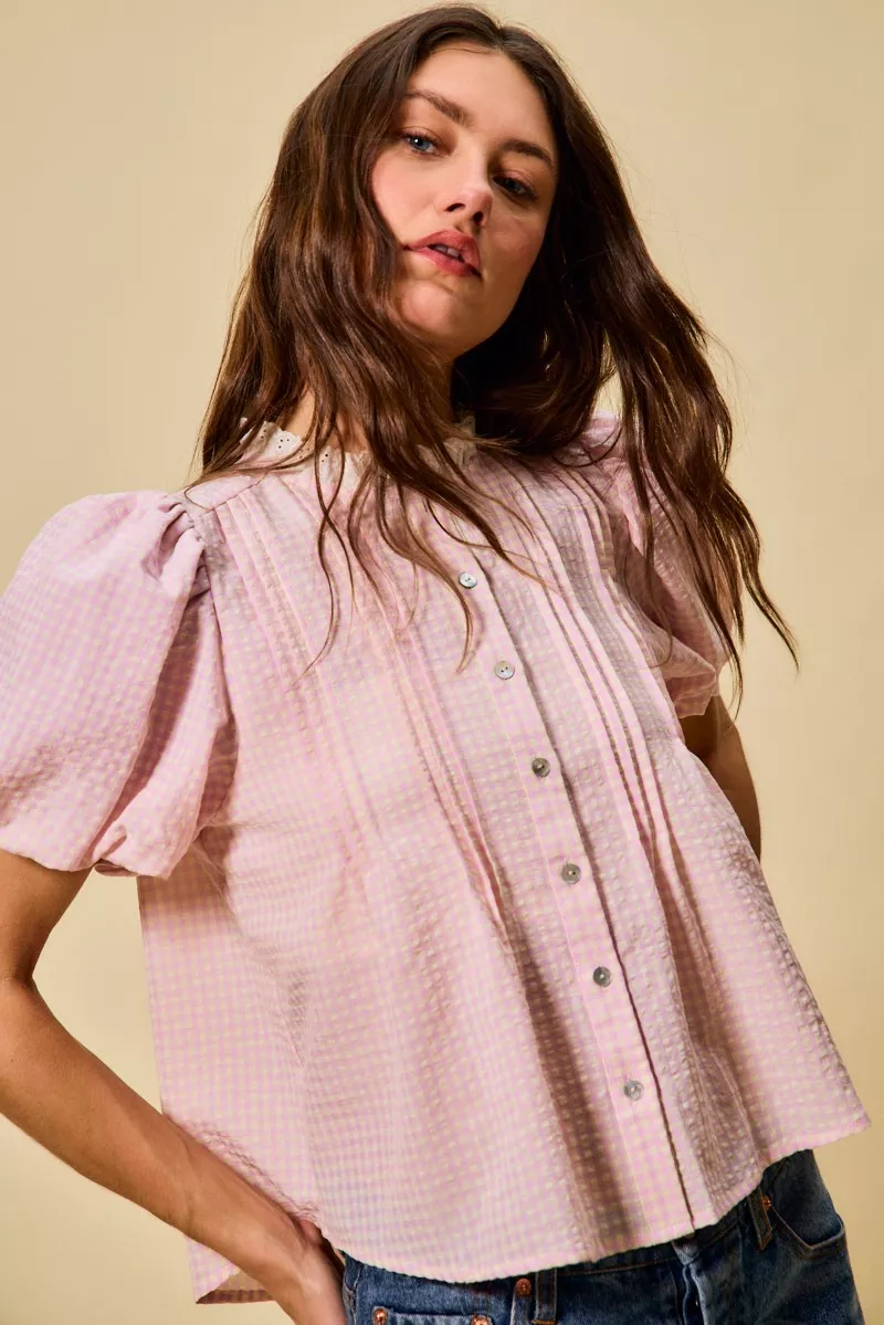 Gingham Lace Trim Button Bubble Sleeves Blouse, image 4