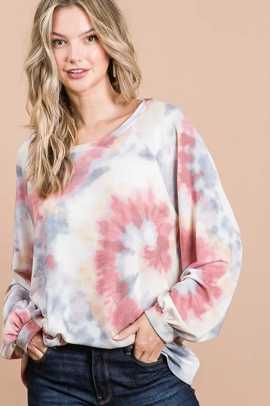 Tie Dye Print Terry Top With Puff Sleeves, image 5