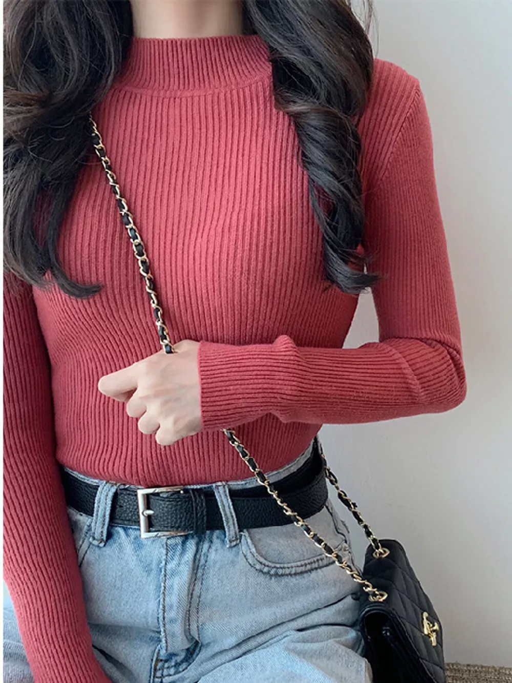 Elegant Slim-Fit Ribbed Mock Neck Knit Top, image 63