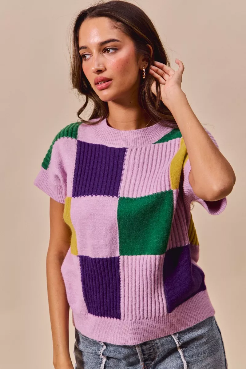 Mardi Gras Check Plaid Casual Sweater Top, image 14