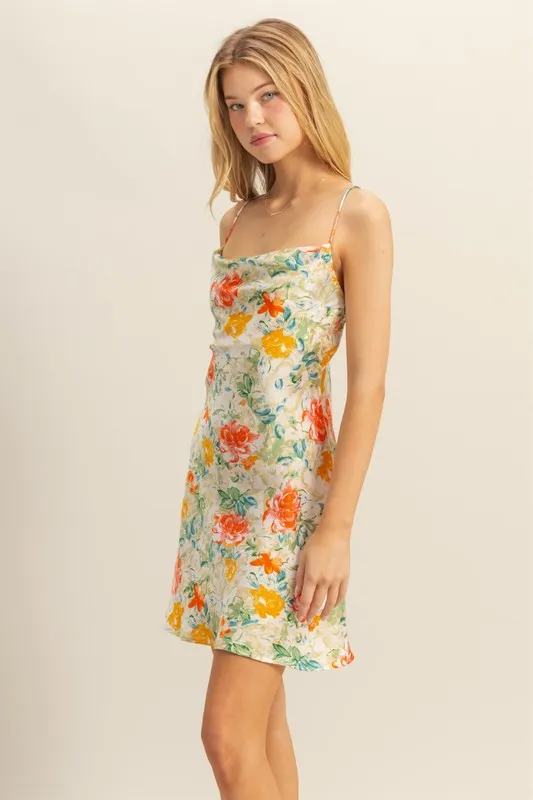 Floral Cowl Neck Flirty Satin Mini Dress, image 3