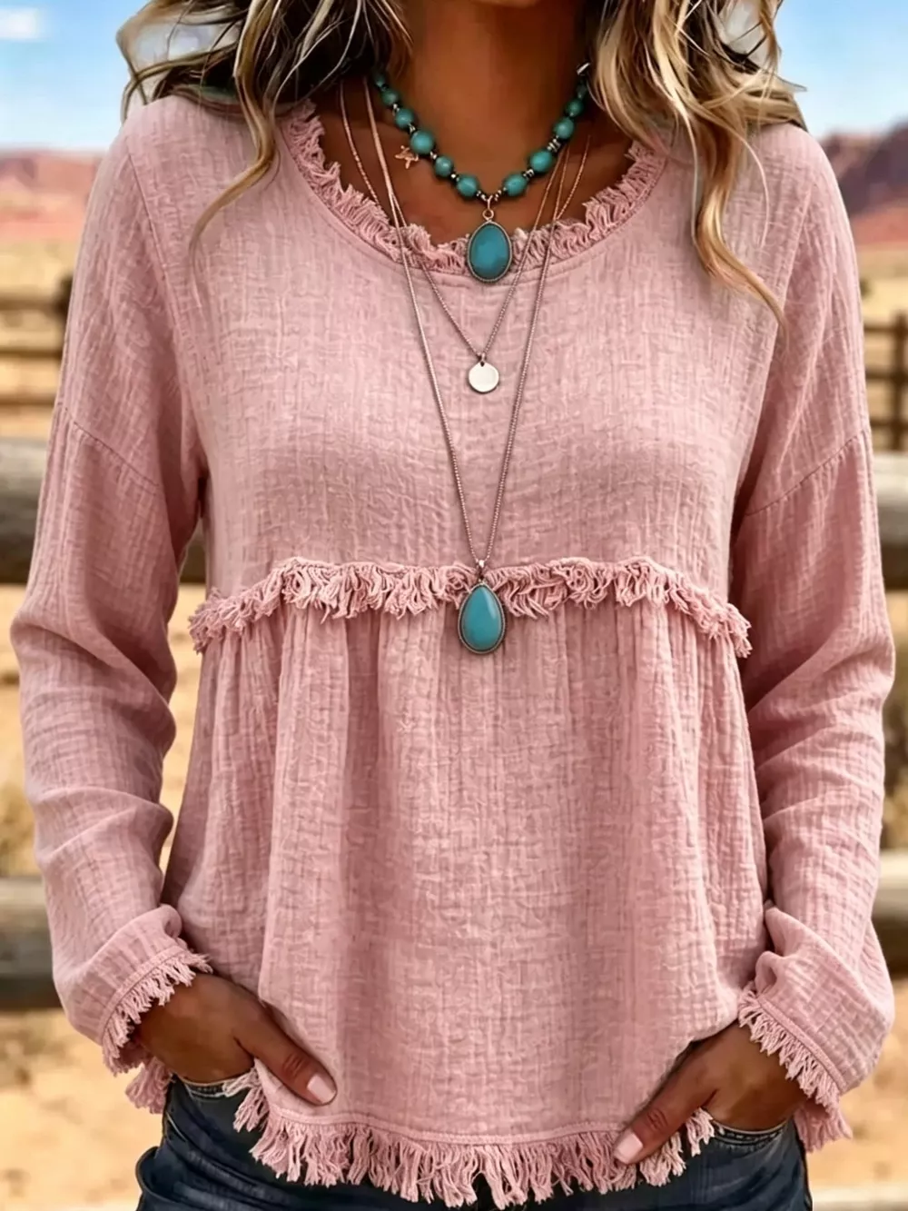 Full Size Frayed Hem Textured Blouse Plus Size, image 14