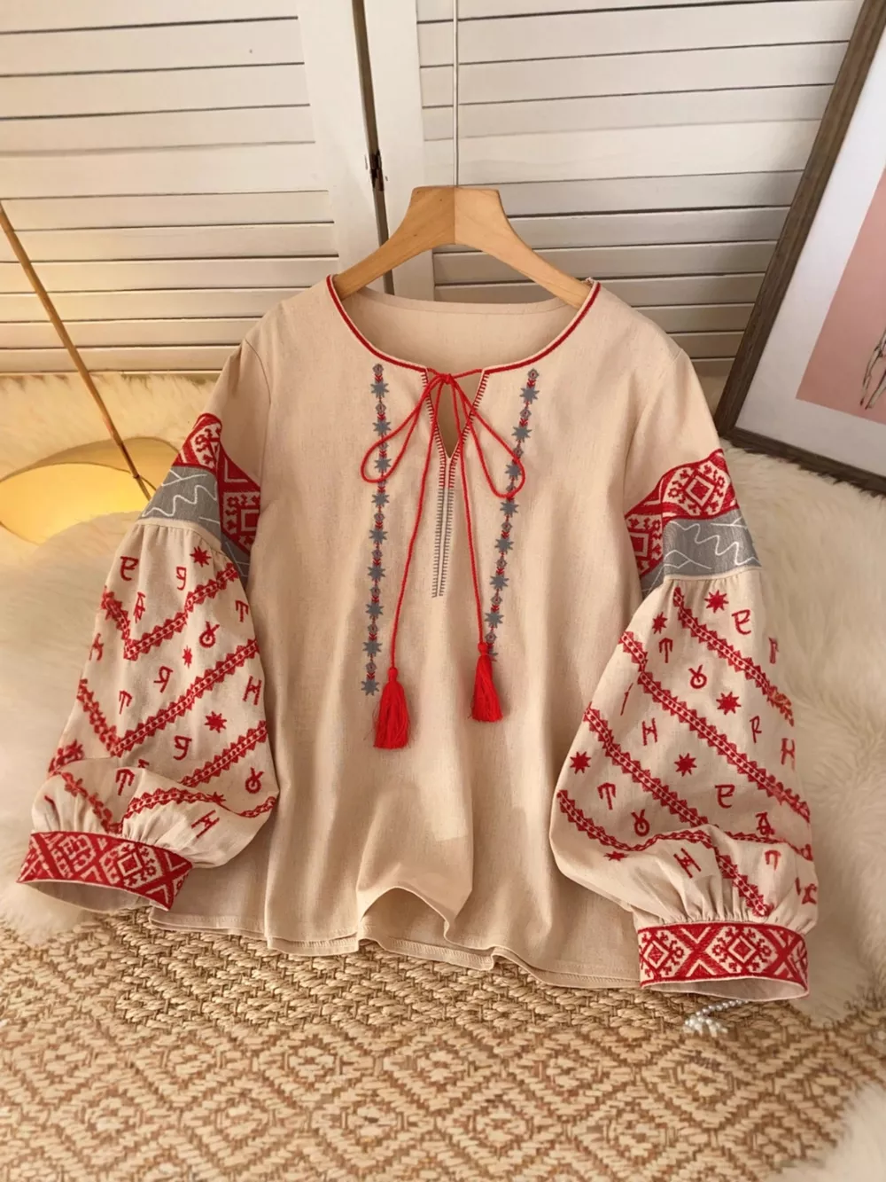Embroidered Tie Neck Blouse, image 2