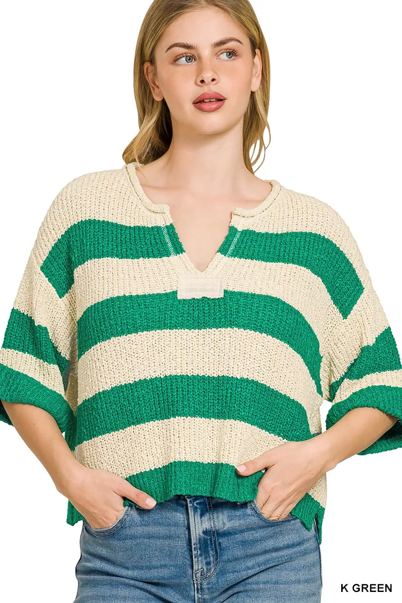 Split Neck Stripe Sweater