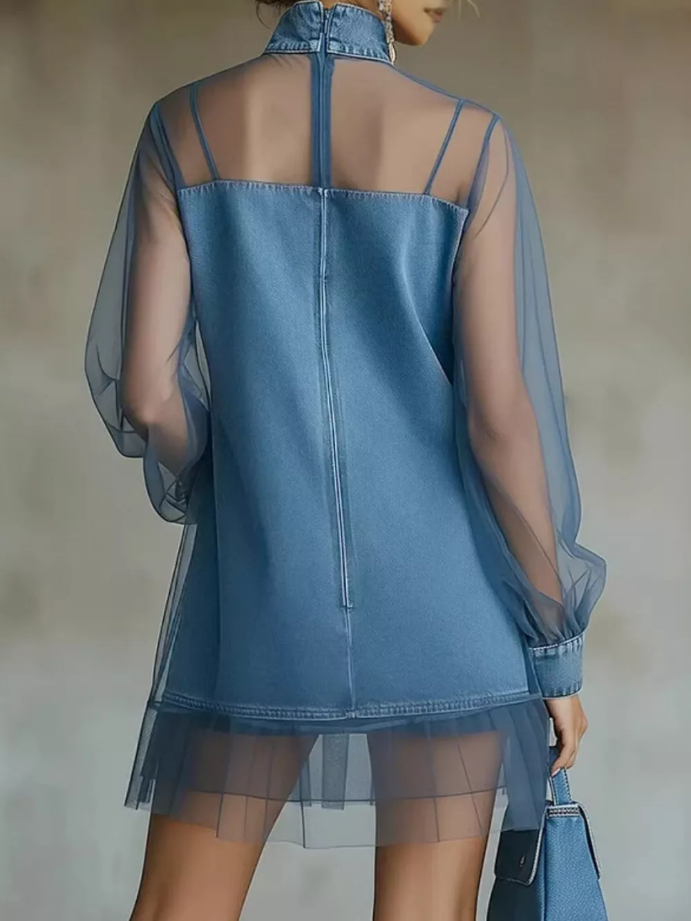 Full Size Mock Neck Sheer Mesh Patchwork Denim Dress Plus Size, image 4