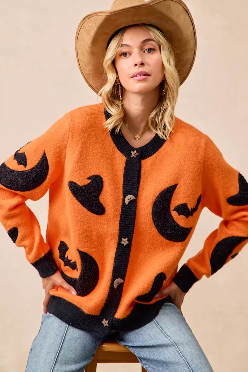 Halloween Witch Hat Moon Bat Artwork Cardigan, image 5