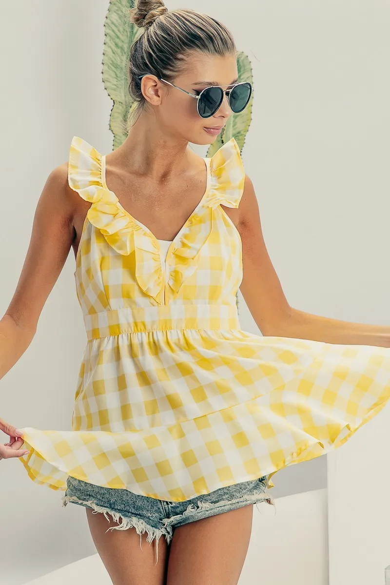 Ruffled Neckline Sleeveless Check Plaid Peplum Top, image 3