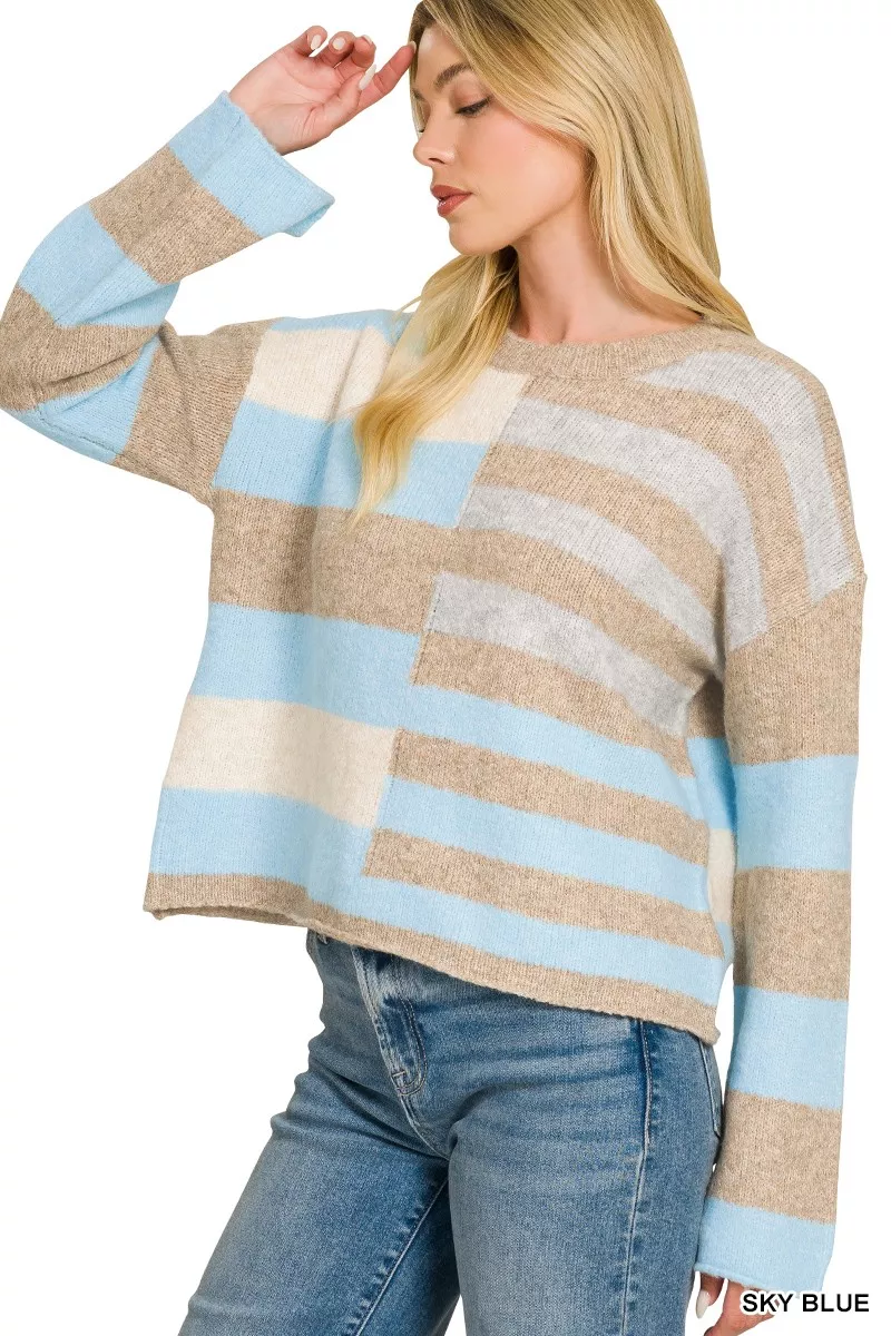 Zenana Lightweight Wool Blend Color Block Sweater, image 3