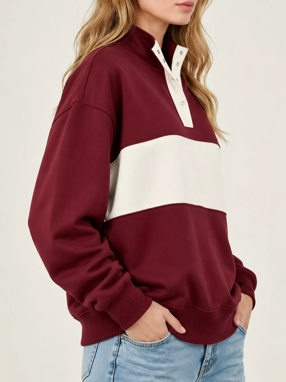 Full Size Color Block Snap-Button Sweatshirt Plus Size, image 7