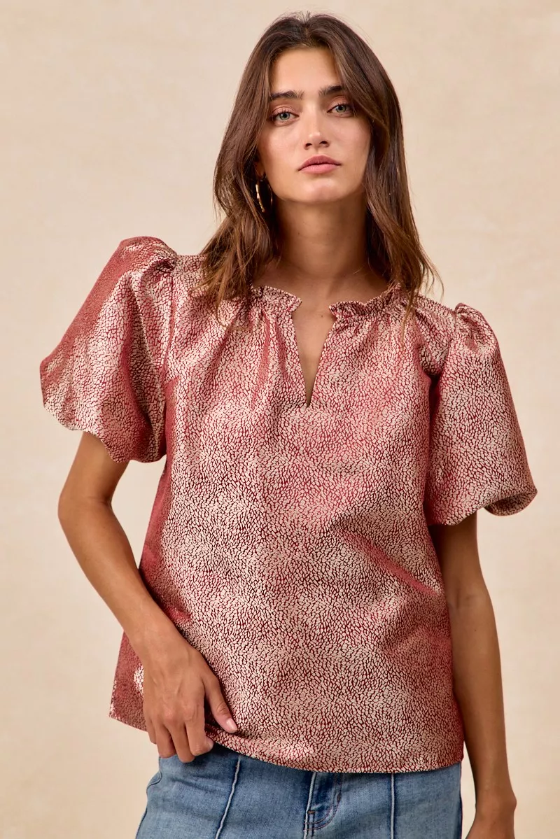 Jacquard Woven Short Balloon Sleeves V Neck Top, image 11