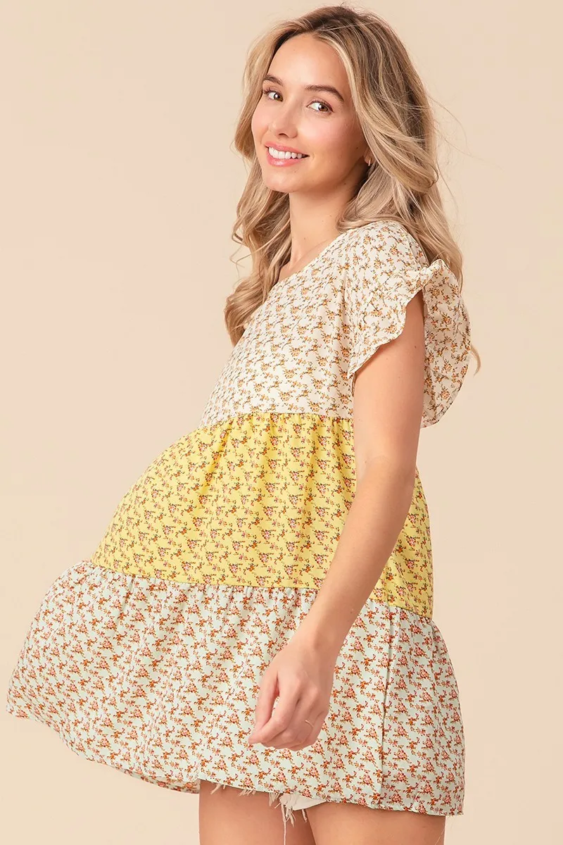 Flroal Printed Woven Color Block and Tiered Top, image 7