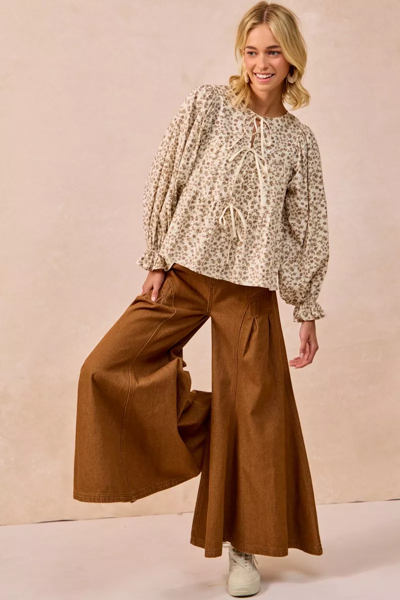 Floral Printed Peplum Blouse with Shirring and Tied, image 11