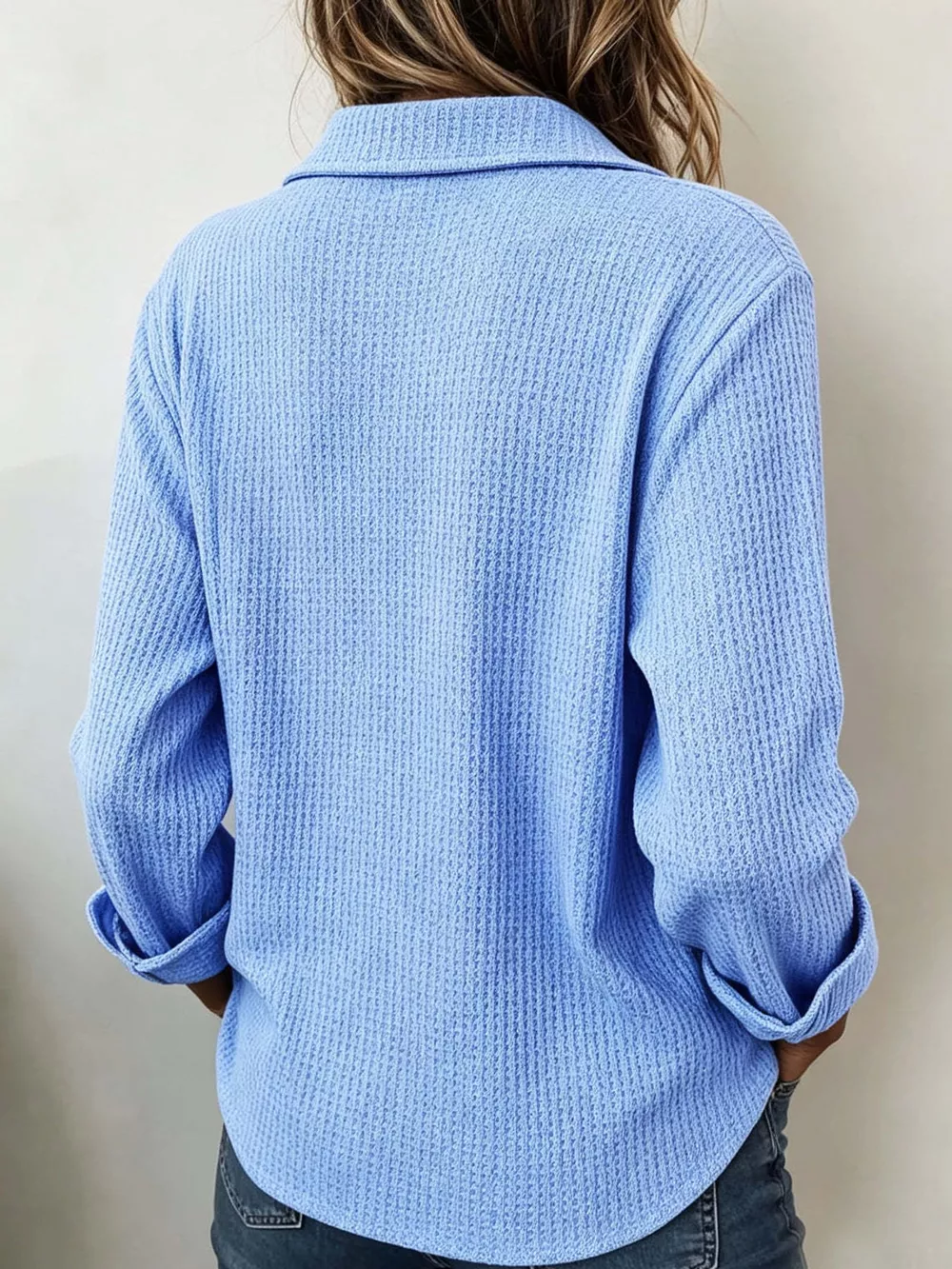 Full Size Waffle Knit Long Sleeve Polo Top Plus Size, image 5