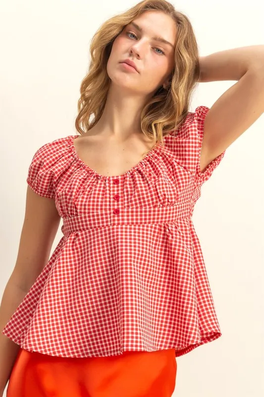 Gingham Scoop Neck Cap Sleeve Blouse