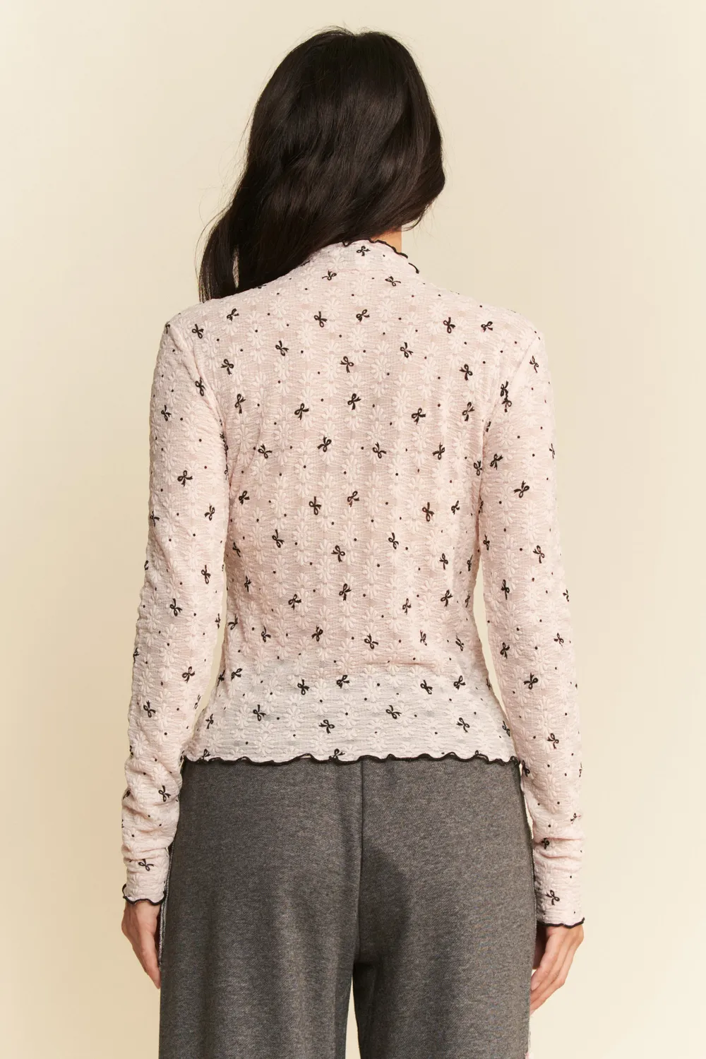 Ribbon Bow Lace Hem Long Sleeve Mesh Layering Top, image 5