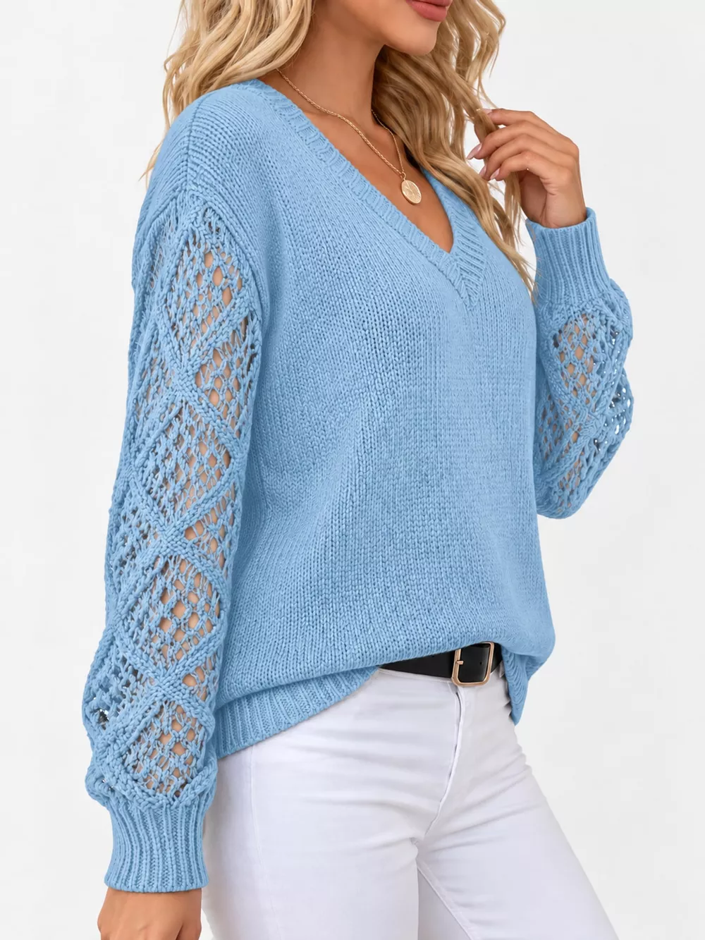Full Size V-Neck Hollow-Out Long Sleeve Sweater Plus Size, image 20
