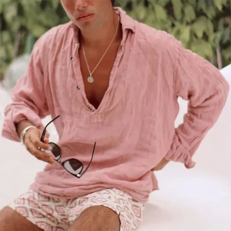 Men's Full Size Casual Linen Long Sleeve Top Plus Size
