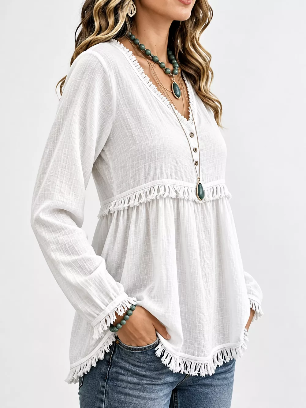 Full Size Fringed Trim V-Neck Long Sleeve Blouse Plus Size, image 8