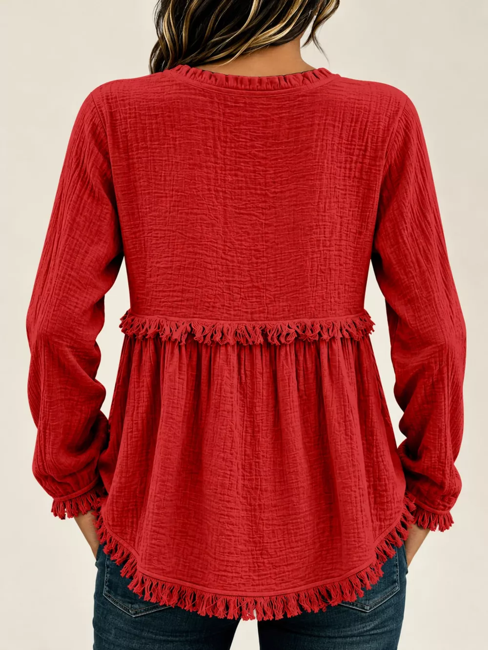 Full Size Frayed Hem Button Detail Blouse Plus Size, image 33