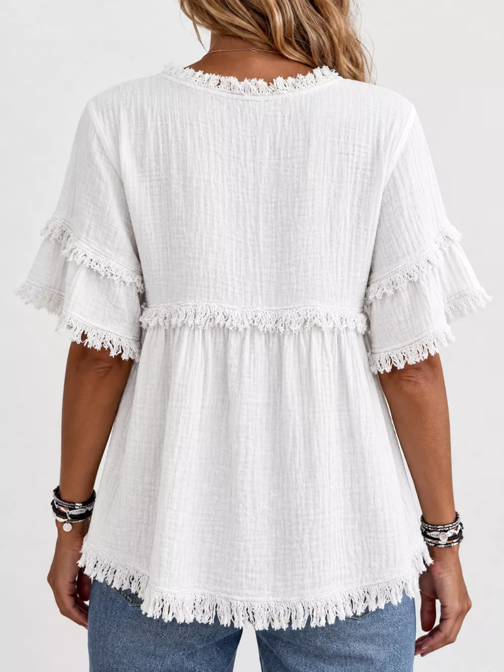 Full Size Frayed Edge Textured Blouse Plus Size, image 48