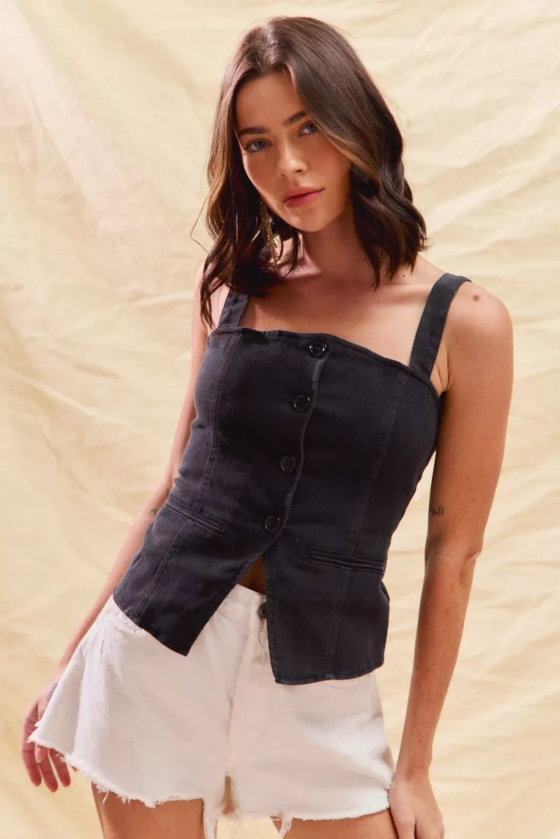 Button Down Sleeveless Game Day Fitted Denim Top, image 2